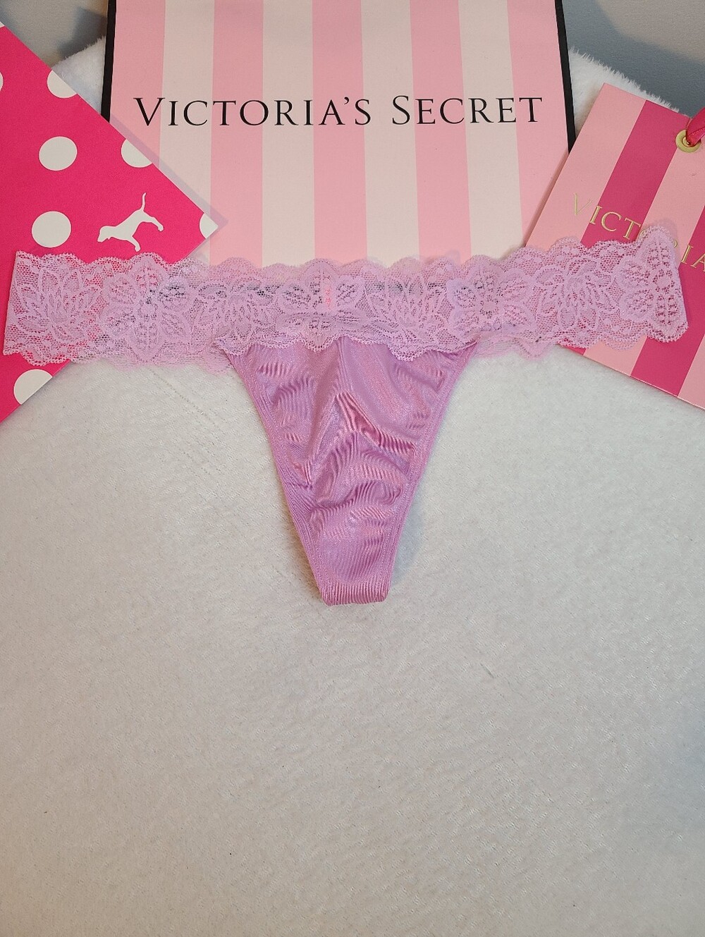 Rare Retired VS PINK Silky Satin Lace Waist Classic Thong Panty Size M